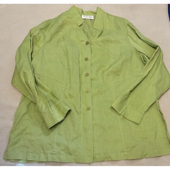 TOTOnKO Women XL 100% Linen Buttoned Long Sleeve Tunic Lime Green Summer Minimal - Picture 1 of 7
